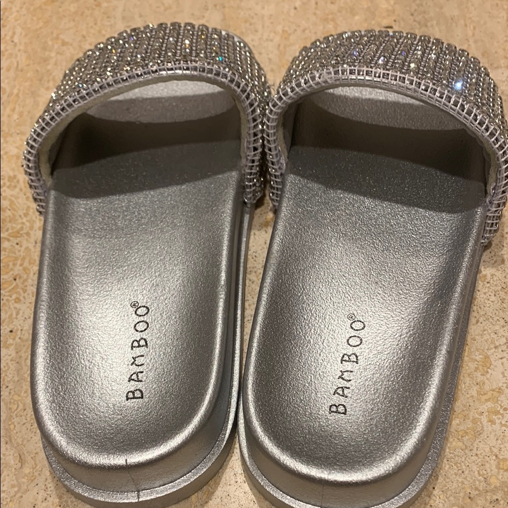 Bamboo Silver Rhinestone Slide Sandals - Picture 2 of 3